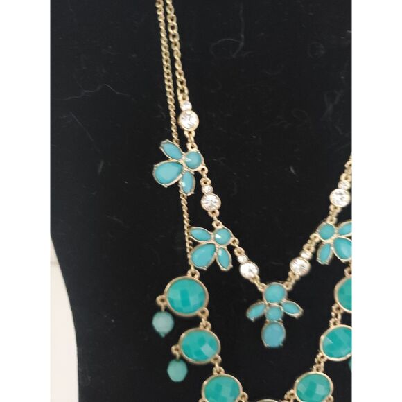 Acrylic And Rhinestone Layered Necklace Boho Statement Evening Turquoise Blue - Picture 3 of 8